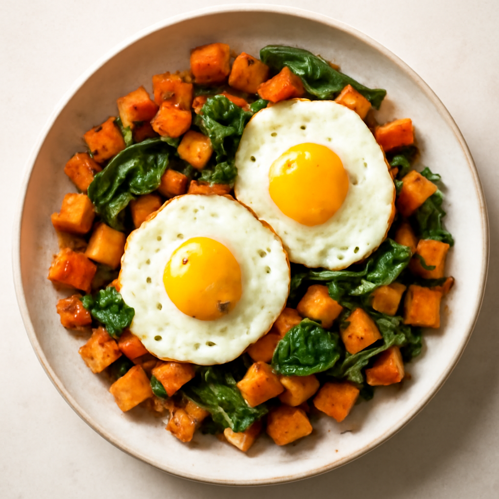 Sweet Potato Breakfast Hash with Eggs and Spinach
