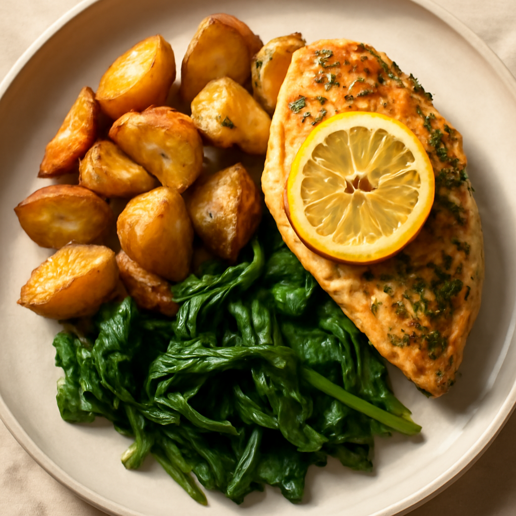 Greek Lemon Herb Chicken with Roasted Potatoes and Greens