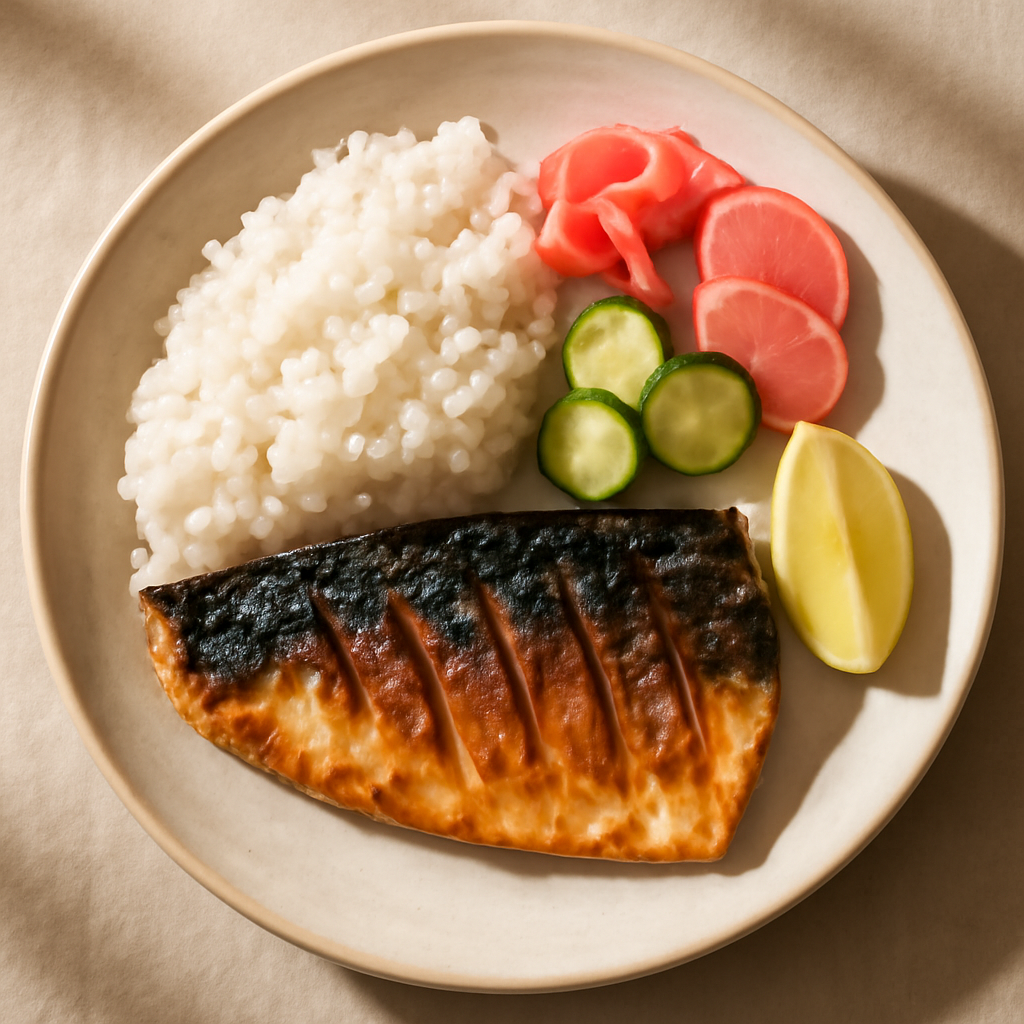 Japanese Grilled Mackerel with Steamed Rice and Pickled Vegetables
