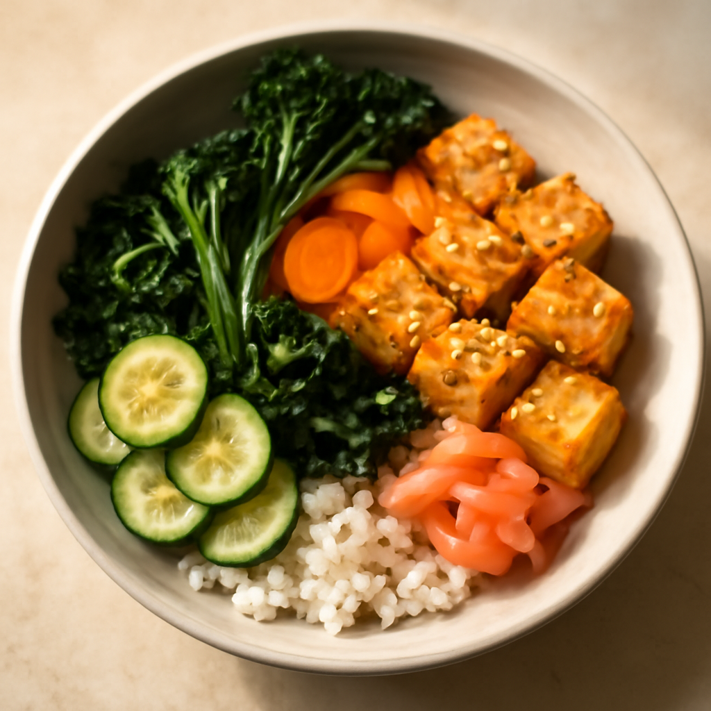 Vegetarian Japanese Rice Bowl with Tofu and Vegetables