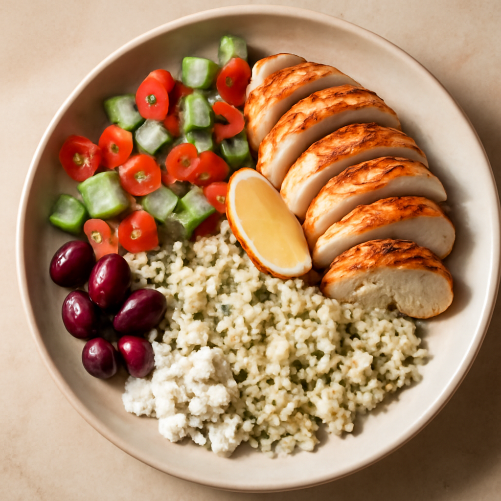 Mediterranean Chicken and Cauliflower Rice Bowl
