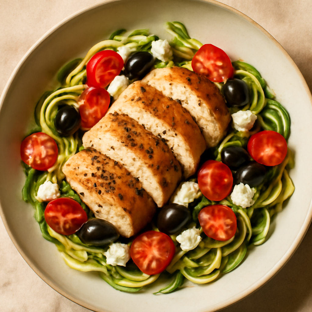 Mediterranean Chicken and Zucchini Noodle Bowl