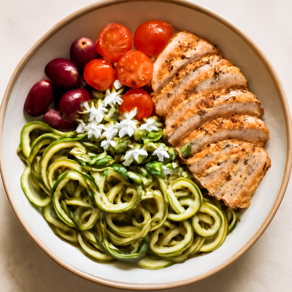 Mediterranean Chicken Zucchini Noodle Bowl