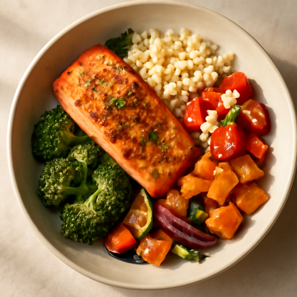 Mediterranean Salmon & Roasted Veggie Bowl