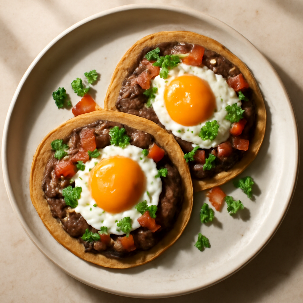 Mexican Breakfast Tostadas with Refried Beans and Eggs