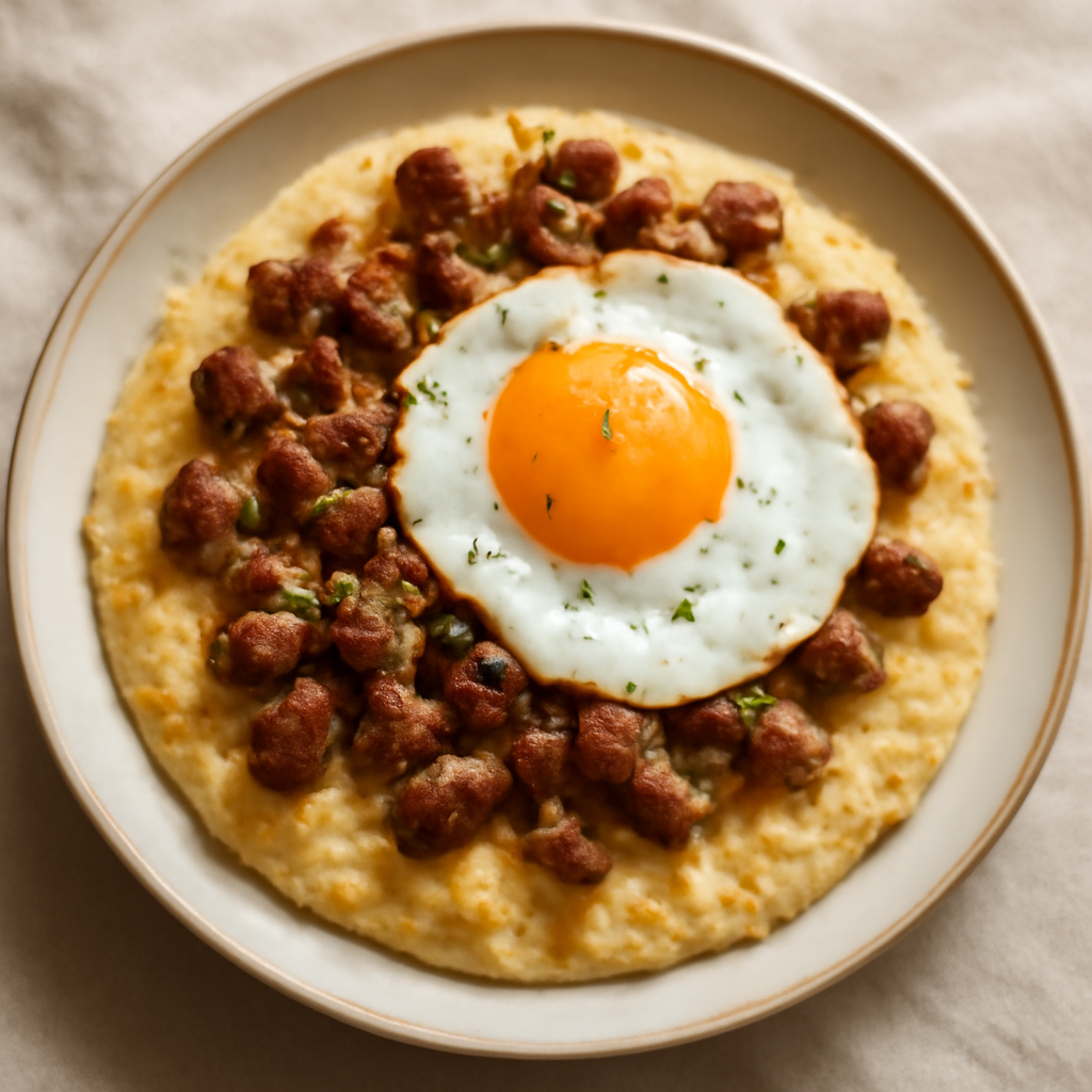 Sausage and Cheddar Grits with Fried Egg