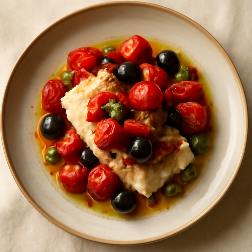 Baked Cod with Tomatoes, Olives and Capers