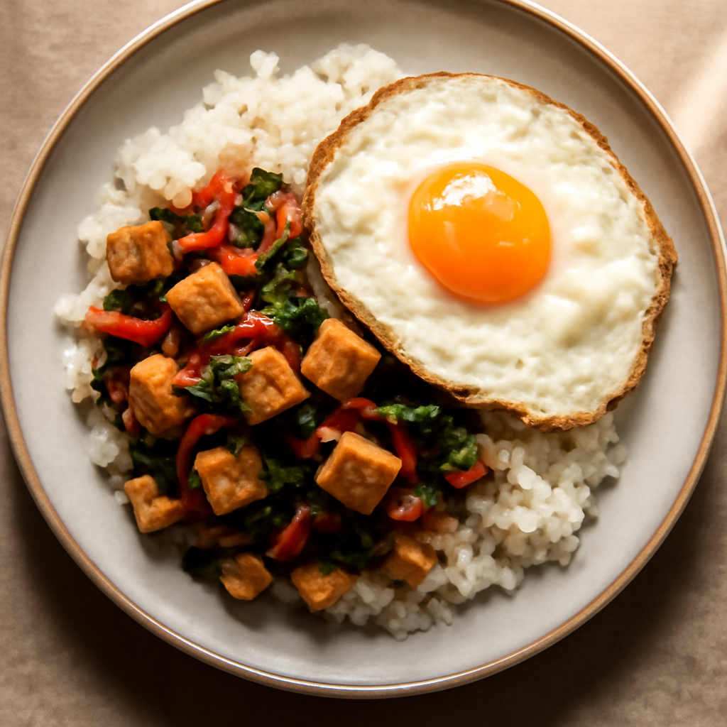 Pad Kra Pao Tao Hu Kai Dao (Basil Tofu with Fried Egg)