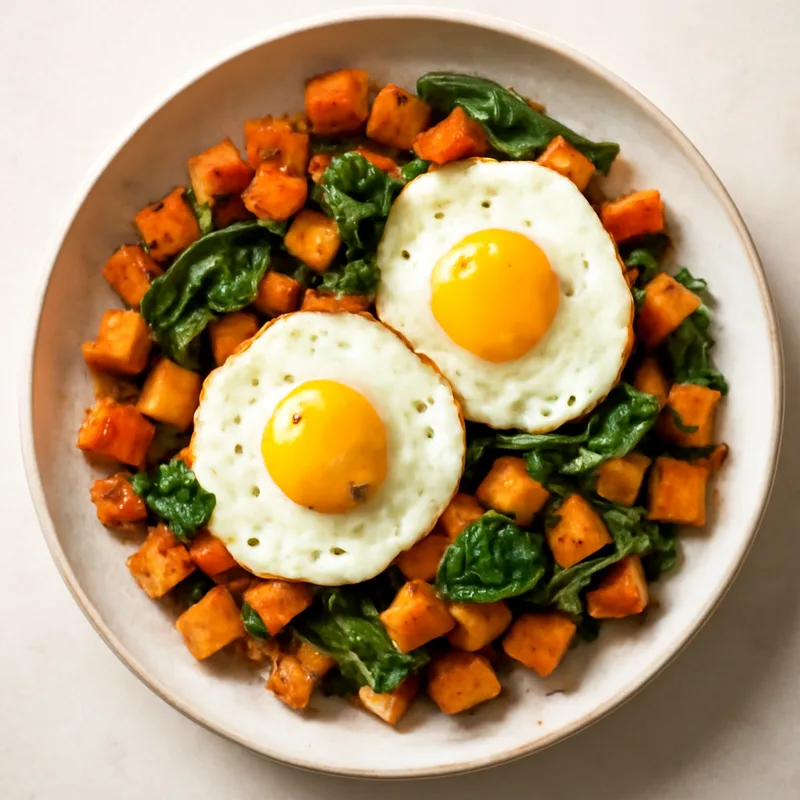 Sweet Potato Breakfast Hash with Eggs and Spinach
