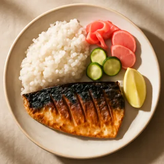 Japanese Grilled Mackerel with Steamed Rice and Pickled Vegetables