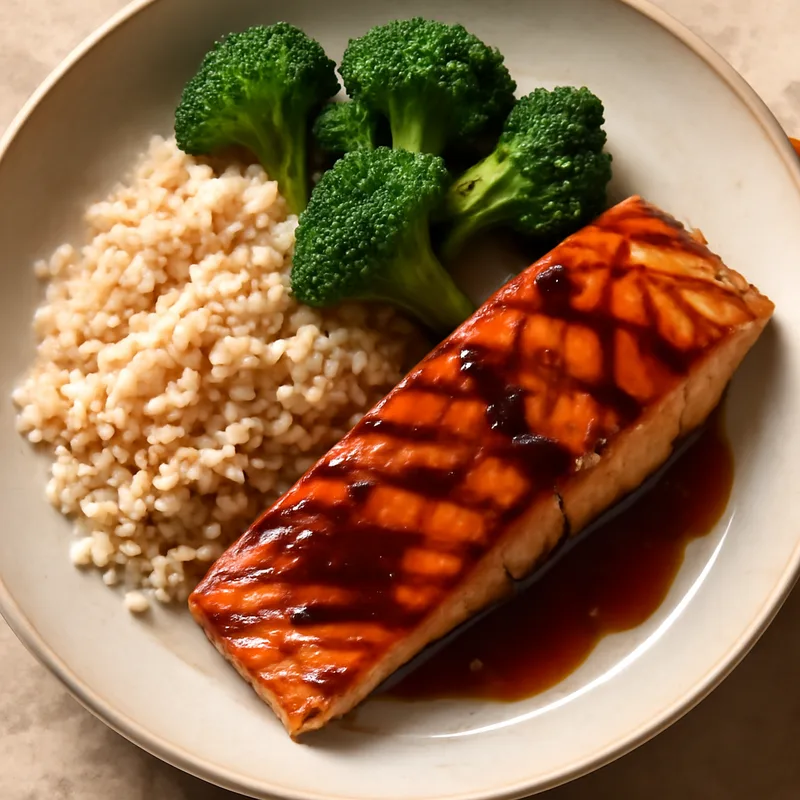 Grilled Teriyaki Salmon with Steamed Broccoli and Brown Rice