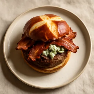 Blue Cheese and Bacon Burger on a Pretzel Bun