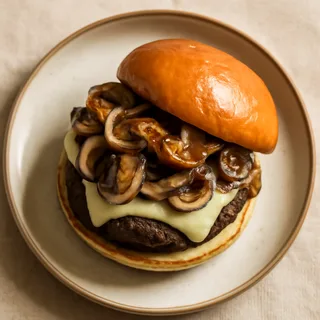 Mushroom Swiss Burger with Caramelized Onions