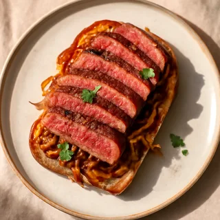 Open-Faced Flat Iron Steak Sandwich with Caramelized Onions