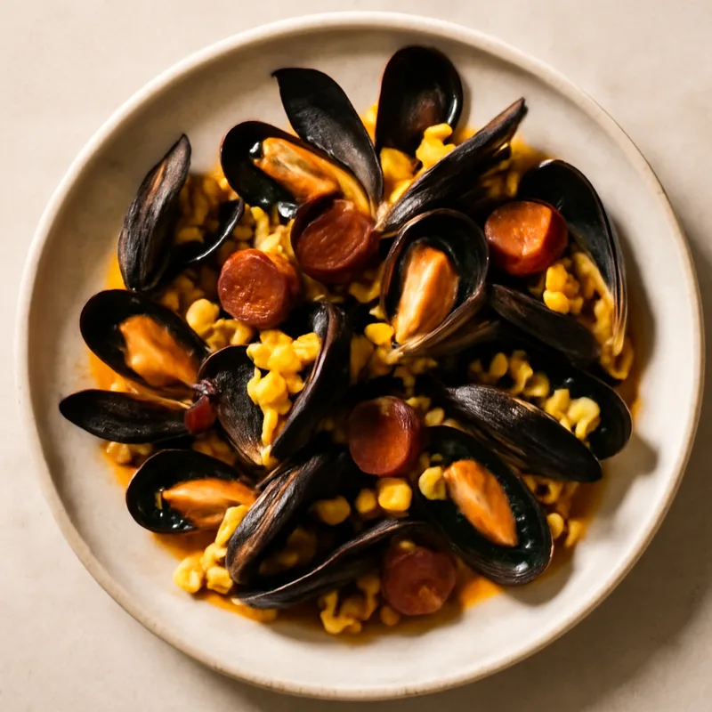Steamed Mussels with Chorizo and Corn