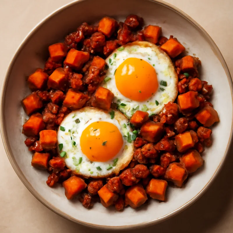 Sweet Potato and Chorizo Hash with Eggs