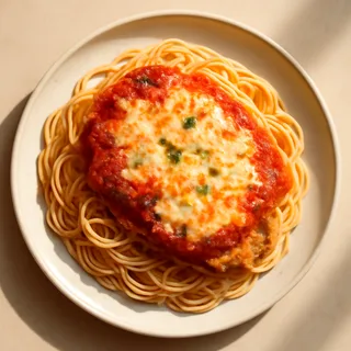 Veal Parmigiana over Spaghetti