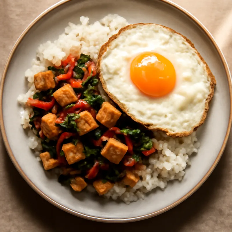 Pad Kra Pao Tao Hu Kai Dao (Basil Tofu with Fried Egg)