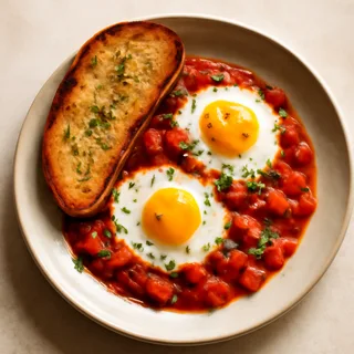 Baked Egg Skillet With Tomatoes And Garlic Toast