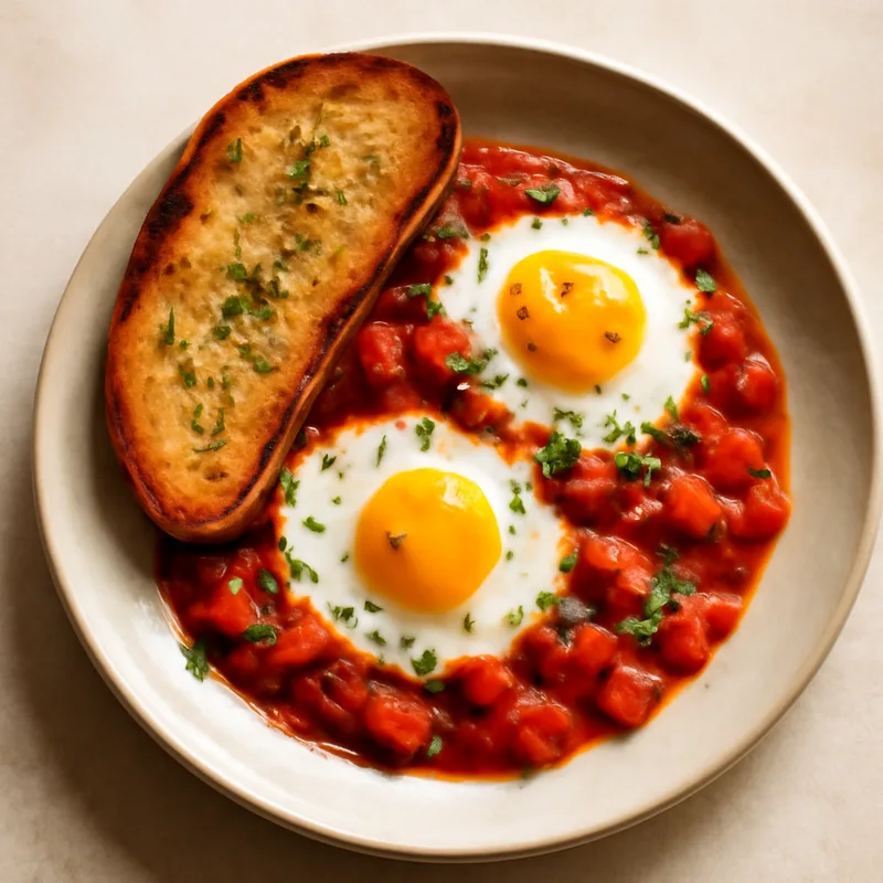 Baked Egg Skillet With Tomatoes And Garlic Toast