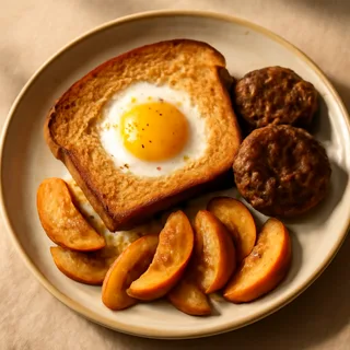 Egg In A Hole With Sausage Patties And Fried Apples