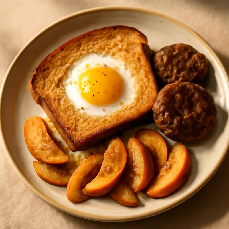 Egg In A Hole With Sausage Patties And Fried Apples