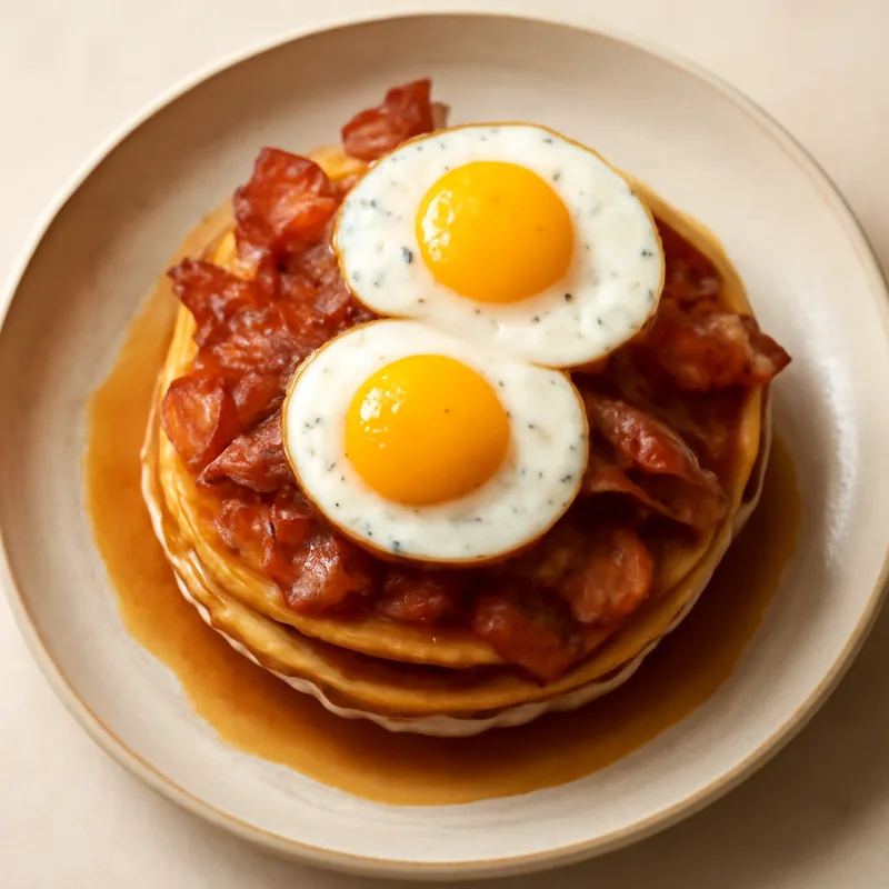 Maple Bacon Pancake Stack With Fried Eggs