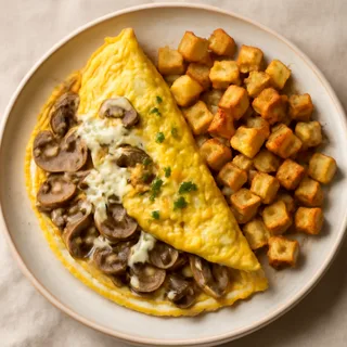 Mushroom, Onion And Swiss Omelet Plate With Home Fries