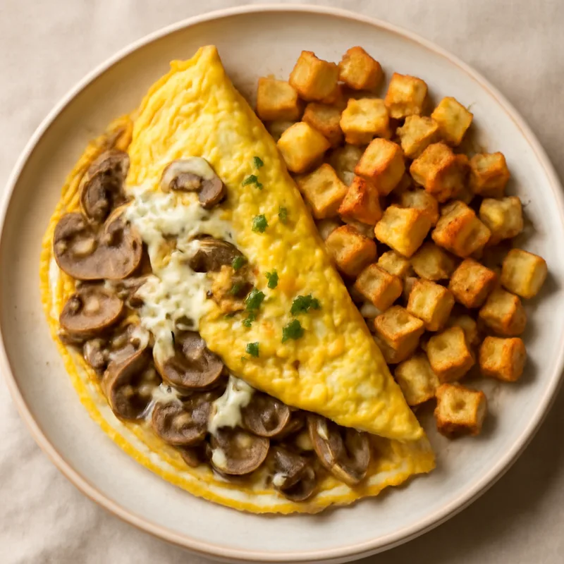 Mushroom, Onion And Swiss Omelet Plate With Home Fries
