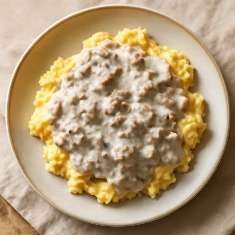 Peppered Sausage Cream Gravy Over Soft Scrambled Eggs