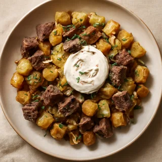 Peppered Sirloin Breakfast Hash With Horseradish Cream