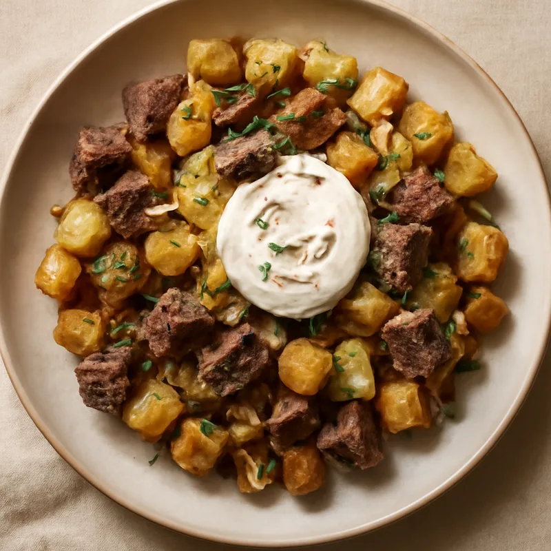 Peppered Sirloin Breakfast Hash With Horseradish Cream