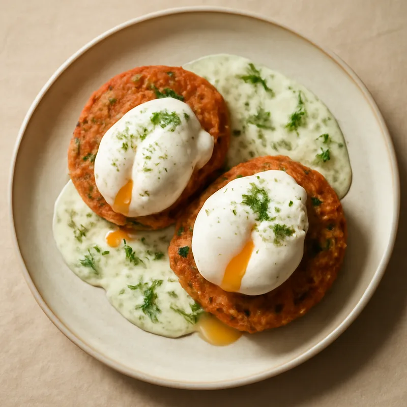 Salmon Cakes With Poached Eggs And Dill Sauce