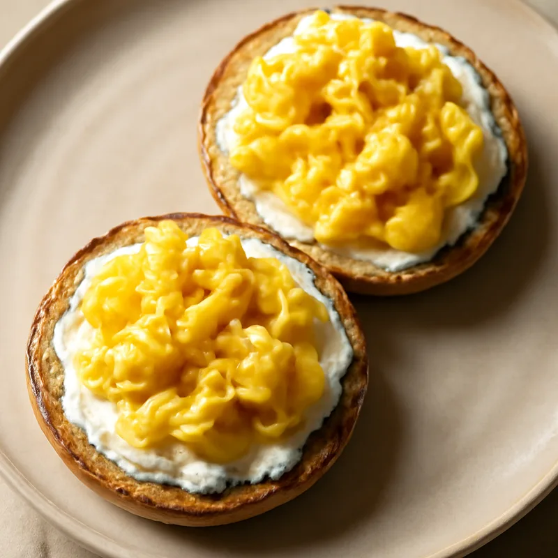 Scrambled Eggs With Cream Cheese On Everything Bagels