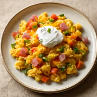 Western Egg Scramble With Ham, Cheddar And Sour Cream