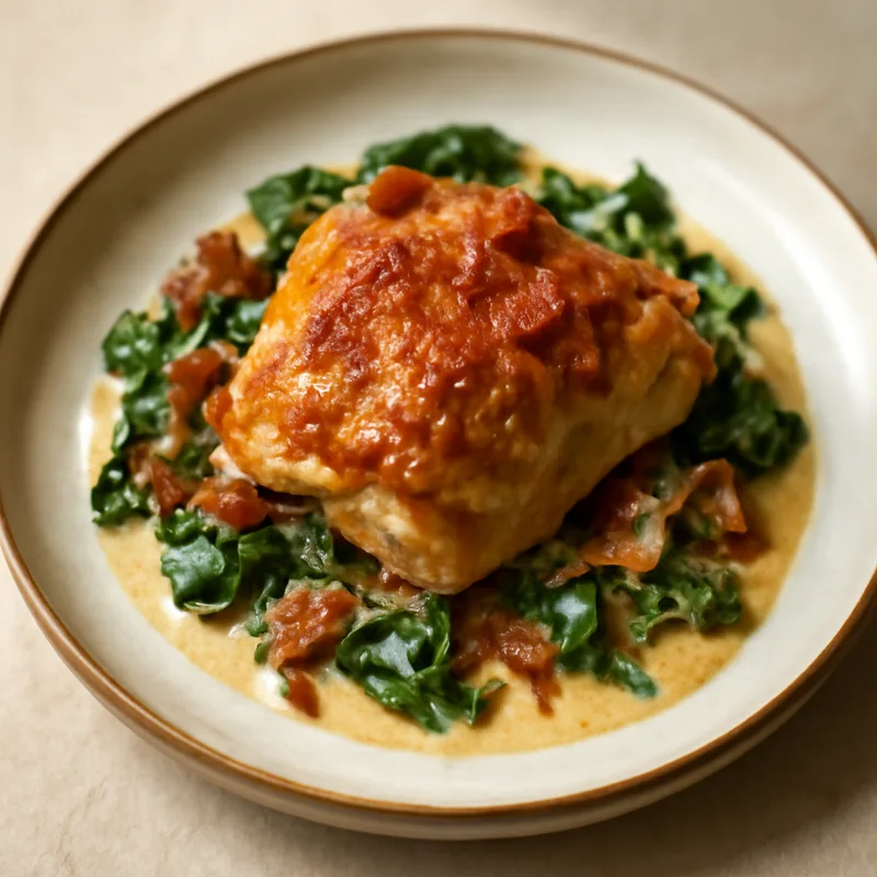 Bacon Cream Chicken Thighs With Wilted Spinach