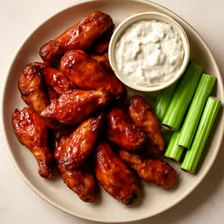 Baked Barbecue Chicken Wings With Blue Cheese Dip And Celery