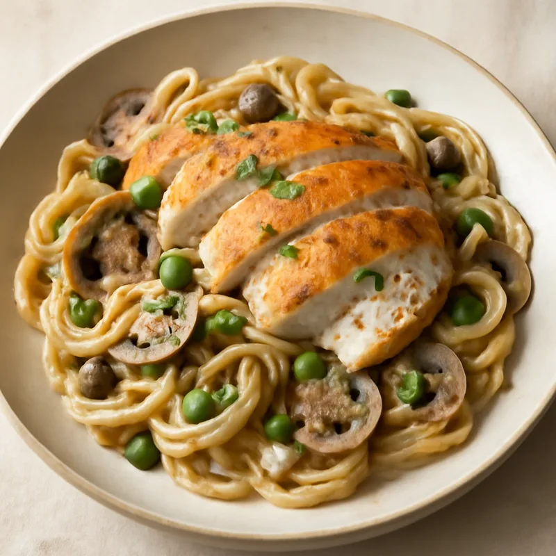 Baked Chicken Tetrazzini With Mushrooms And Peas