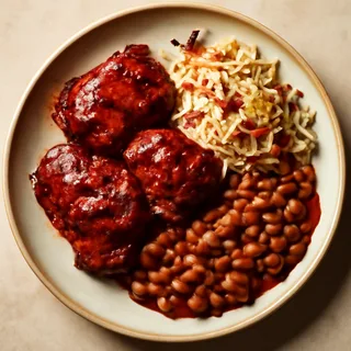 Barbecue Chicken Thighs With Baked Beans And Slaw