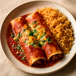 Bean And Cheese Enchiladas With Red Sauce And Rice