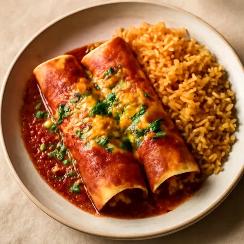 Bean And Cheese Enchiladas With Red Sauce And Rice