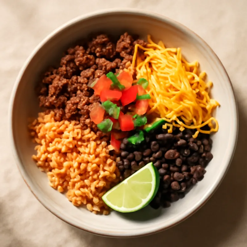 Beef Burrito Bowls With Rice, Beans And Cheddar