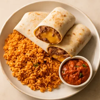 Big Bean And Cheese Burritos With Spanish Rice And Salsa
