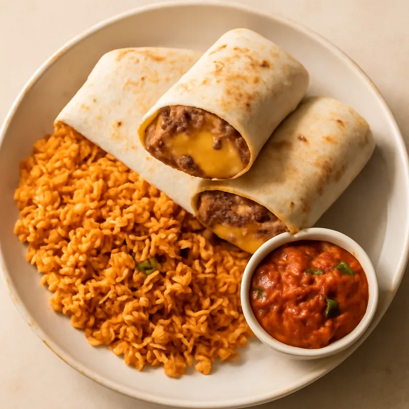 Big Bean And Cheese Burritos With Spanish Rice And Salsa