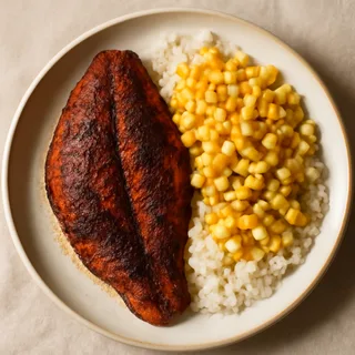 Blackened Catfish With Buttered Corn And Rice