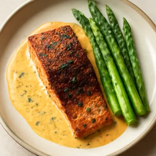 Blackened Salmon With Cajun Cream Sauce And Asparagus