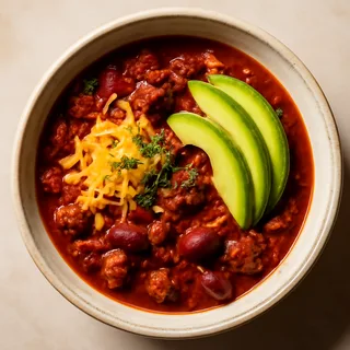 Bowl Of Red Beef Chili With Cheddar And Avocado