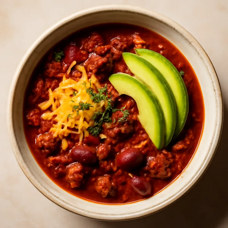 Bowl Of Red Beef Chili With Cheddar And Avocado