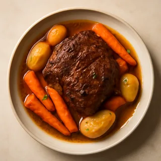 Braised Chuck Pot Roast With Potatoes Carrots And Pan Gravy