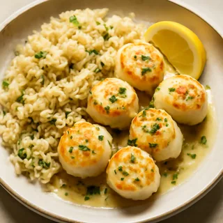 Broiled Sea Scallops With Lemon Butter And Rice Pilaf